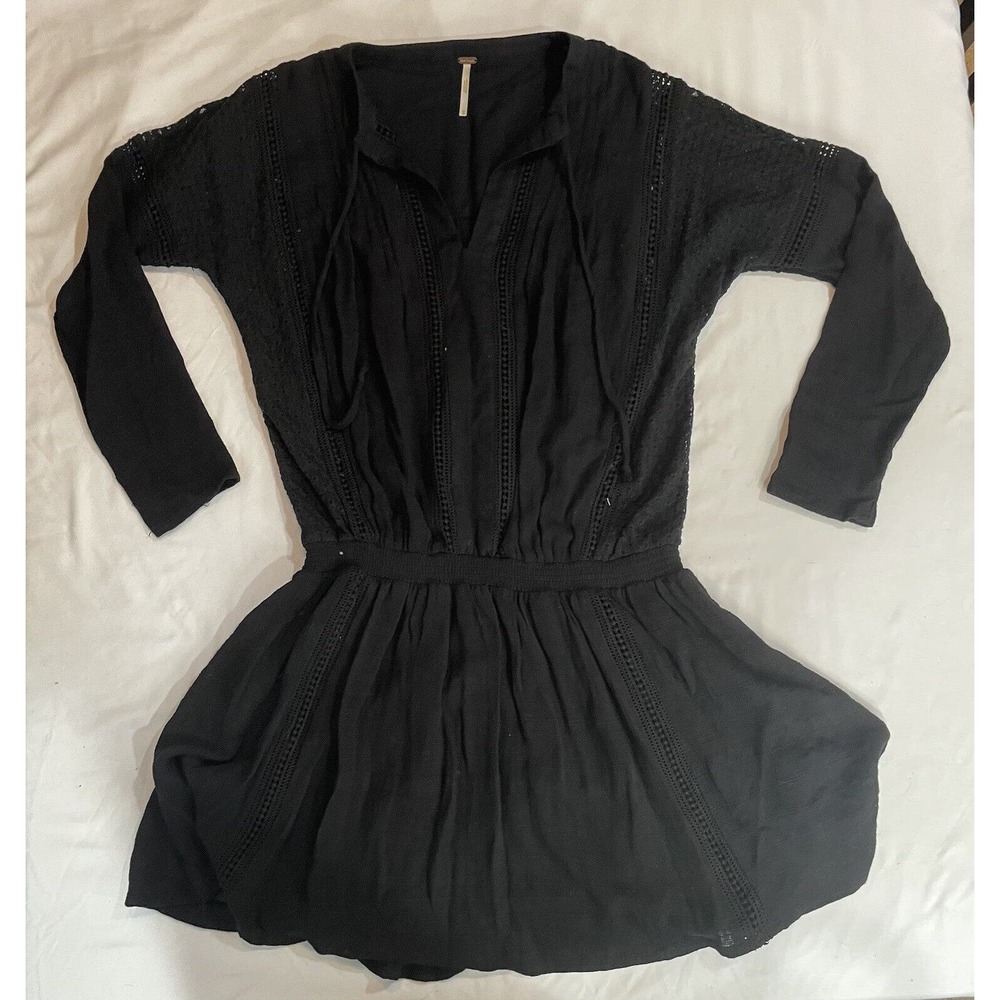Free People Black Lace Short Dress Summer 3/4 Sleeve Women's Size XS